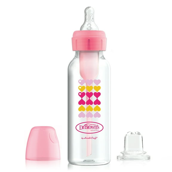 Dr. Brown's Anti-Colic Options+ Narrow Sippy Bottle Starter Kit, 8oz/250ml, Pink, BPA Free, 6m+