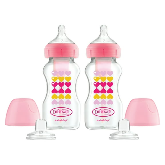 Dr. Brown’s Anti-Colic Options+ Wide-Neck Sippy Bottle Starter Kit, 9oz/270ml, Pink, BPA Free, 6m+, 2 Pack