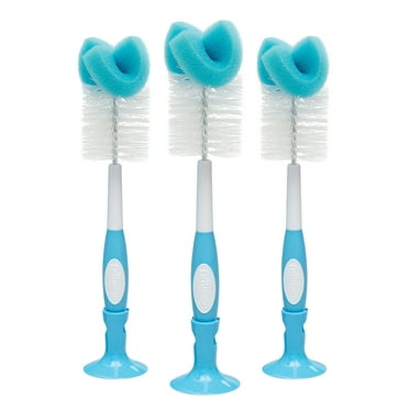 Dr. Brown's Baby Bottle Brush with Suction Cup Stand, Sponge, Scrubber & Nipple Cleaner Blue, 3 Pack