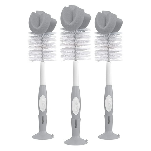 Dr. Brown's Baby Bottle Brush with Suction Cup Stand, Sponge, Scrubber and Nipple Cleaner Gray, 3 Pack