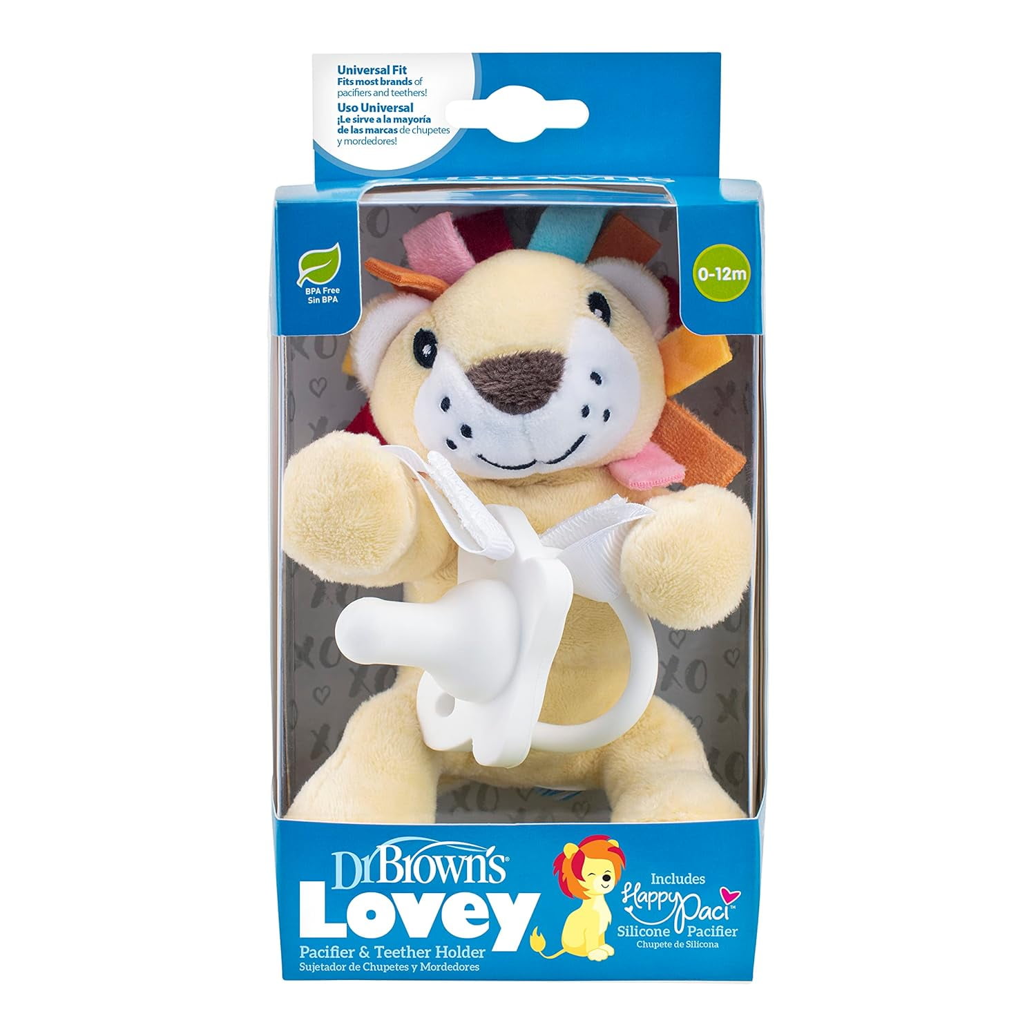 Dr. Brown's Baby Lovey Pacifier & Teether Holder, Lion with White HappyPaci, 100 Silicone, 06m