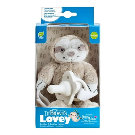 Dr. Brown's Lovey Pacifier and Teether Holder, 0-6m, Sloth With Blue Pacifier