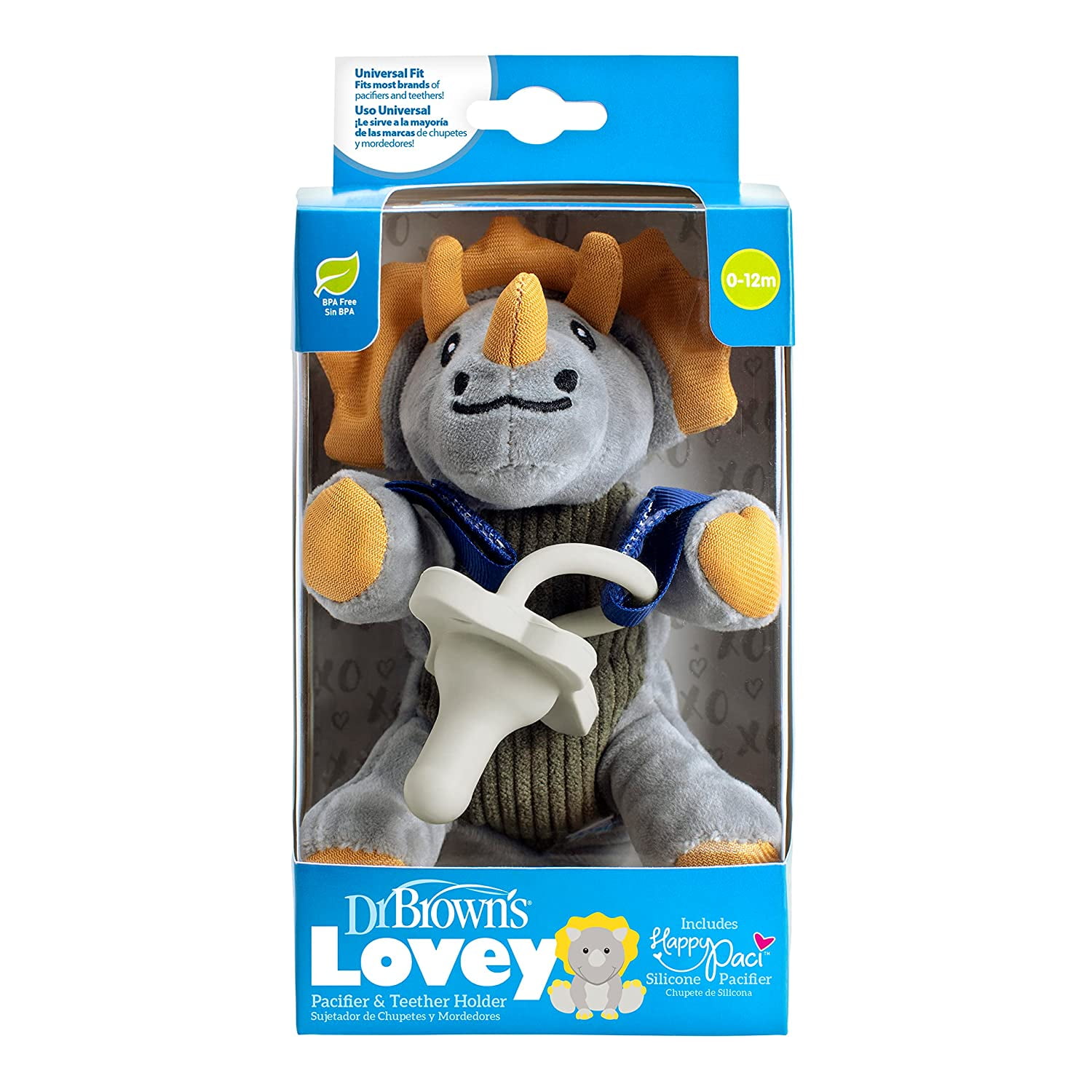 Dr. Brown's Baby Lovey Pacifier & Teether Holder, Triceratops with Grey HappyPaci, 100% Silicone, 0-6m - image 1 of 13