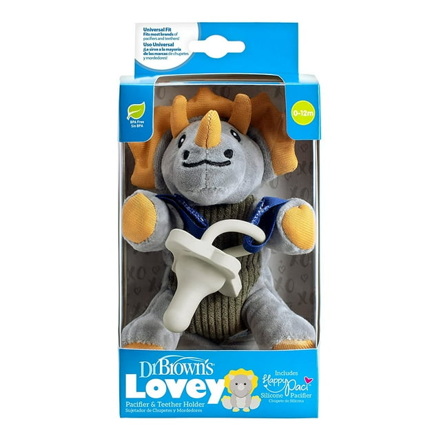 Dr. Brown's Baby Lovey Pacifier & Teether Holder, Triceratops with Grey HappyPaci, 100% Silicone, 0-6m