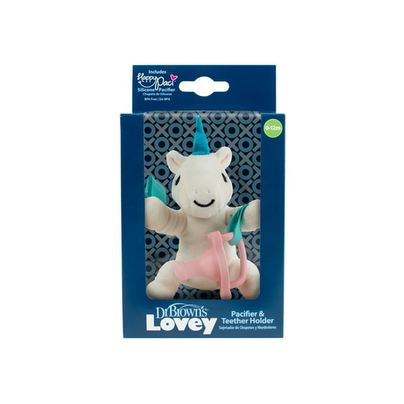 Dr. Brown's Baby Lovey Pacifier & Teether Holder, Unicorn with Pink HappyPaci, 100% Silicone, 0-6m