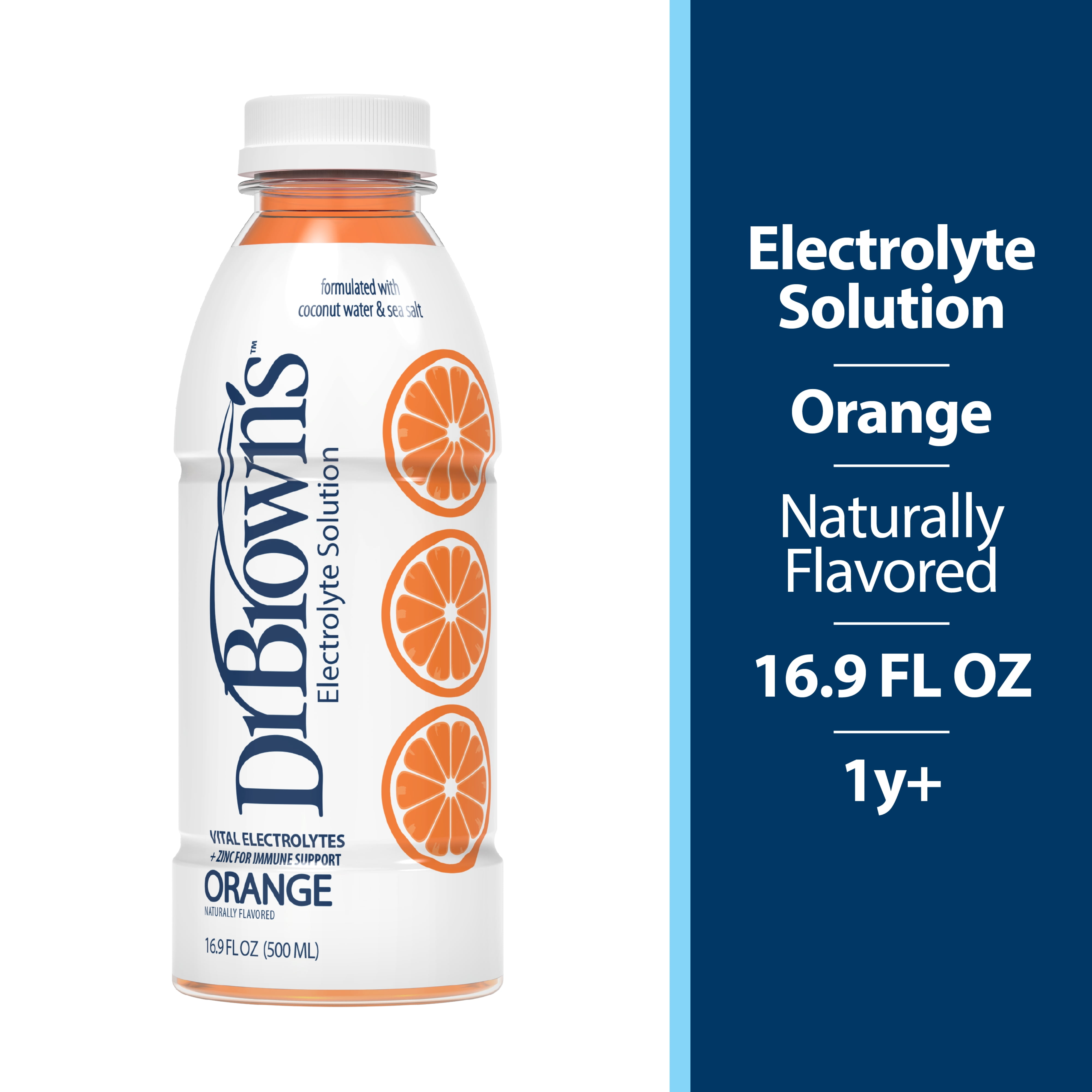 Dr. Brown's Electrolyte Solution with Coconut Water and Sea Salt, Hydration and Immune Support, 16.9 fl oz/500 mL, Orange