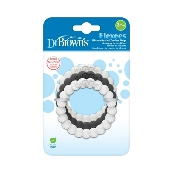 Dr. Brown's Flexees Baby Teether, Beaded Rings, 100% Silicone, Black/Gray/White, Infant-Toddler, 3-Pack