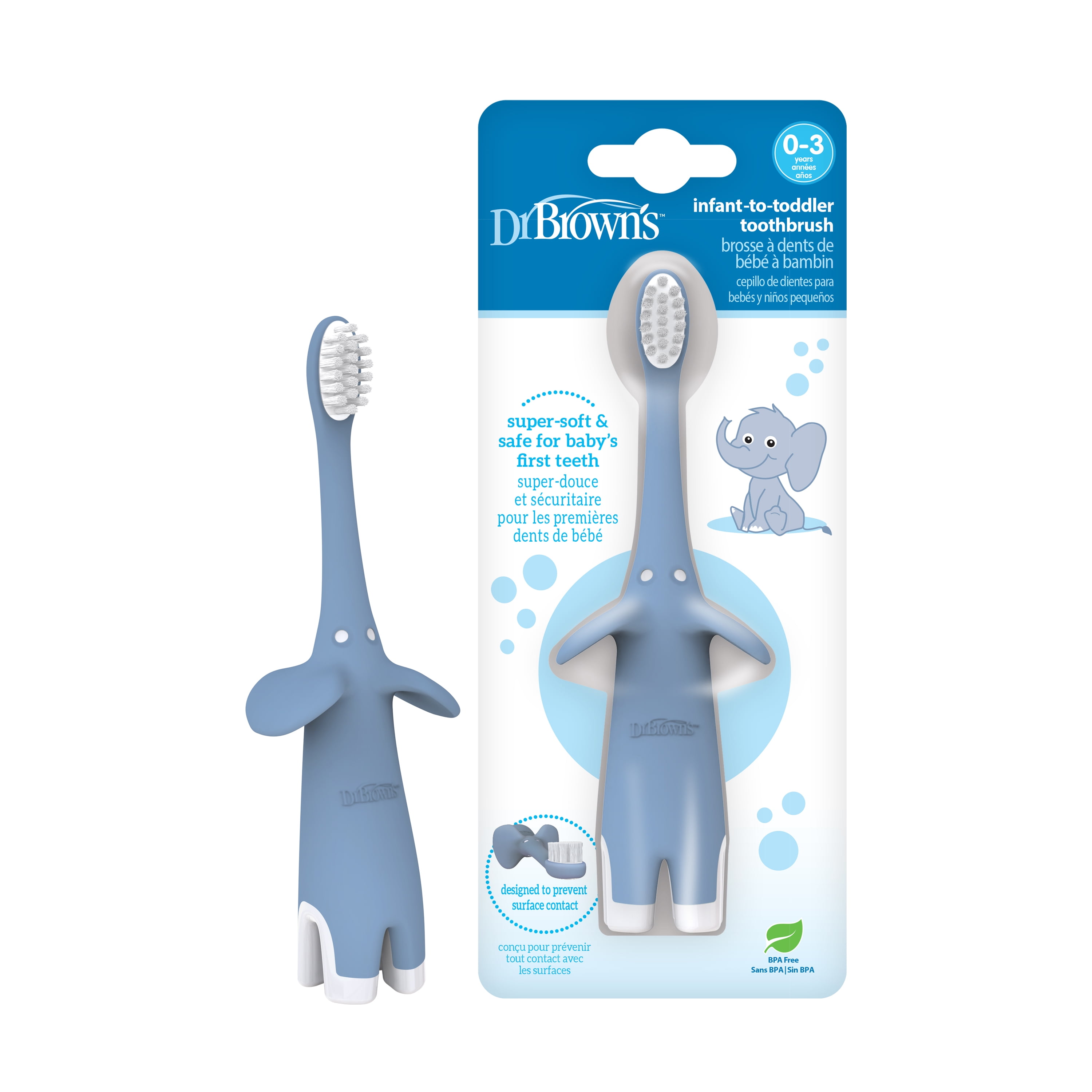 Dr. Brown's Infant-to-Toddler Toothbrush, Soft and Safe Baby Training Brush, Elephant, Blue, 0-3 years
