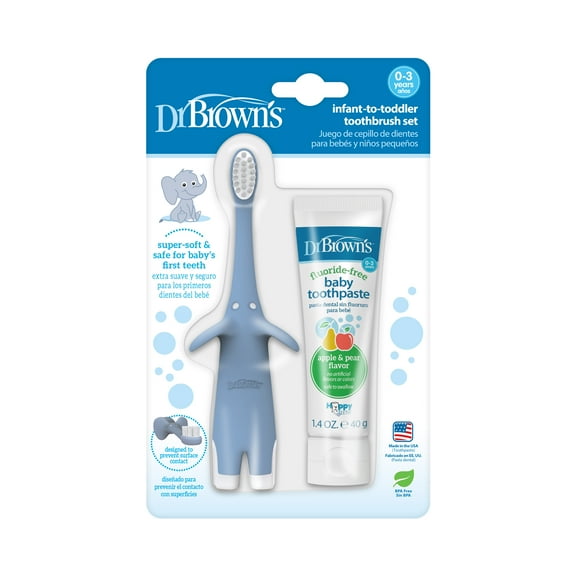 Dr. Brown's Infant-to-Toddler Training Toothbrush and Toothpaste, Blue Elephant/Apple Pear, 0-3 Years, Set
