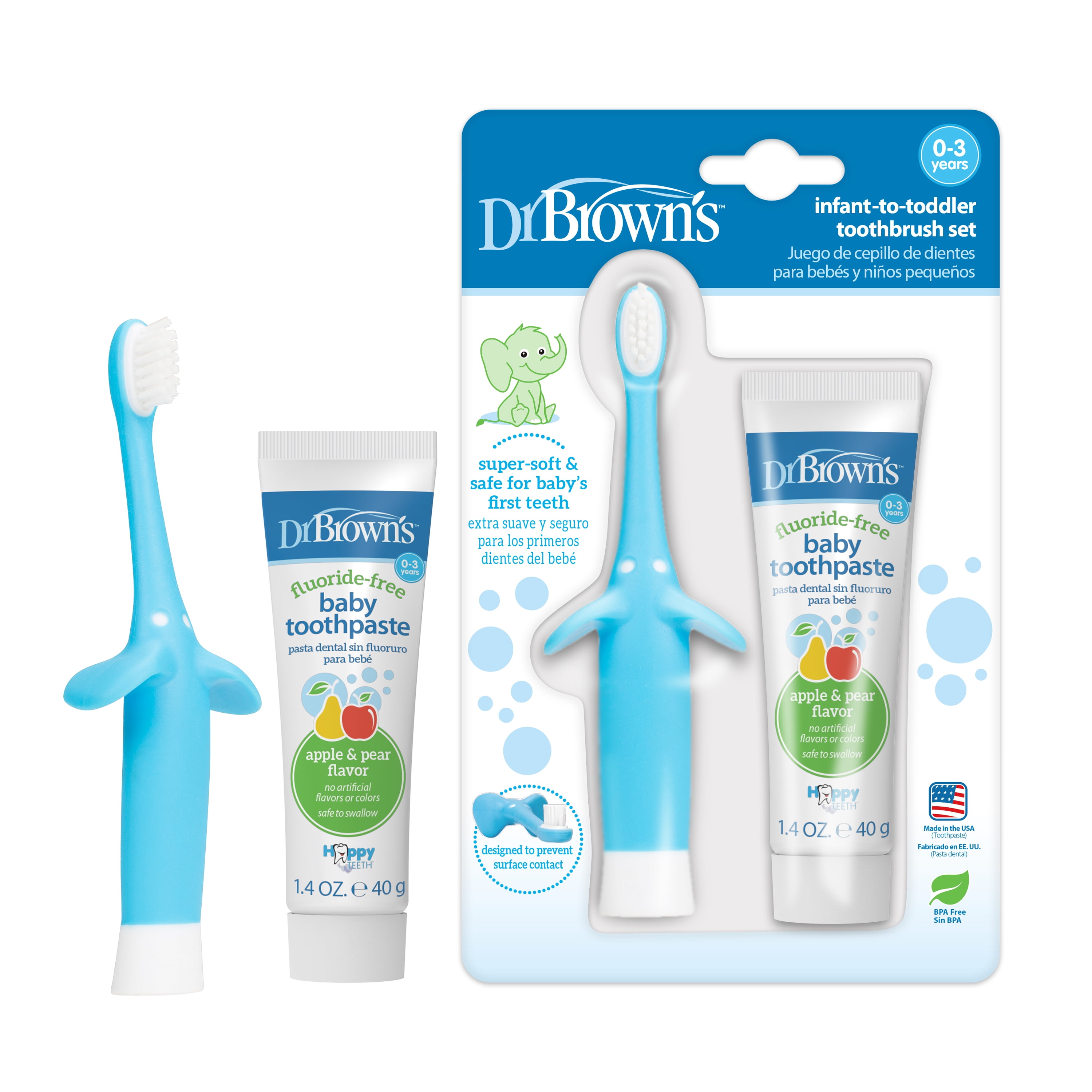 Dr. Brown's Infant to Toddler Training Toothbrush, Blue Elephant, Apple Pear Baby Toothpaste, 0-3Y