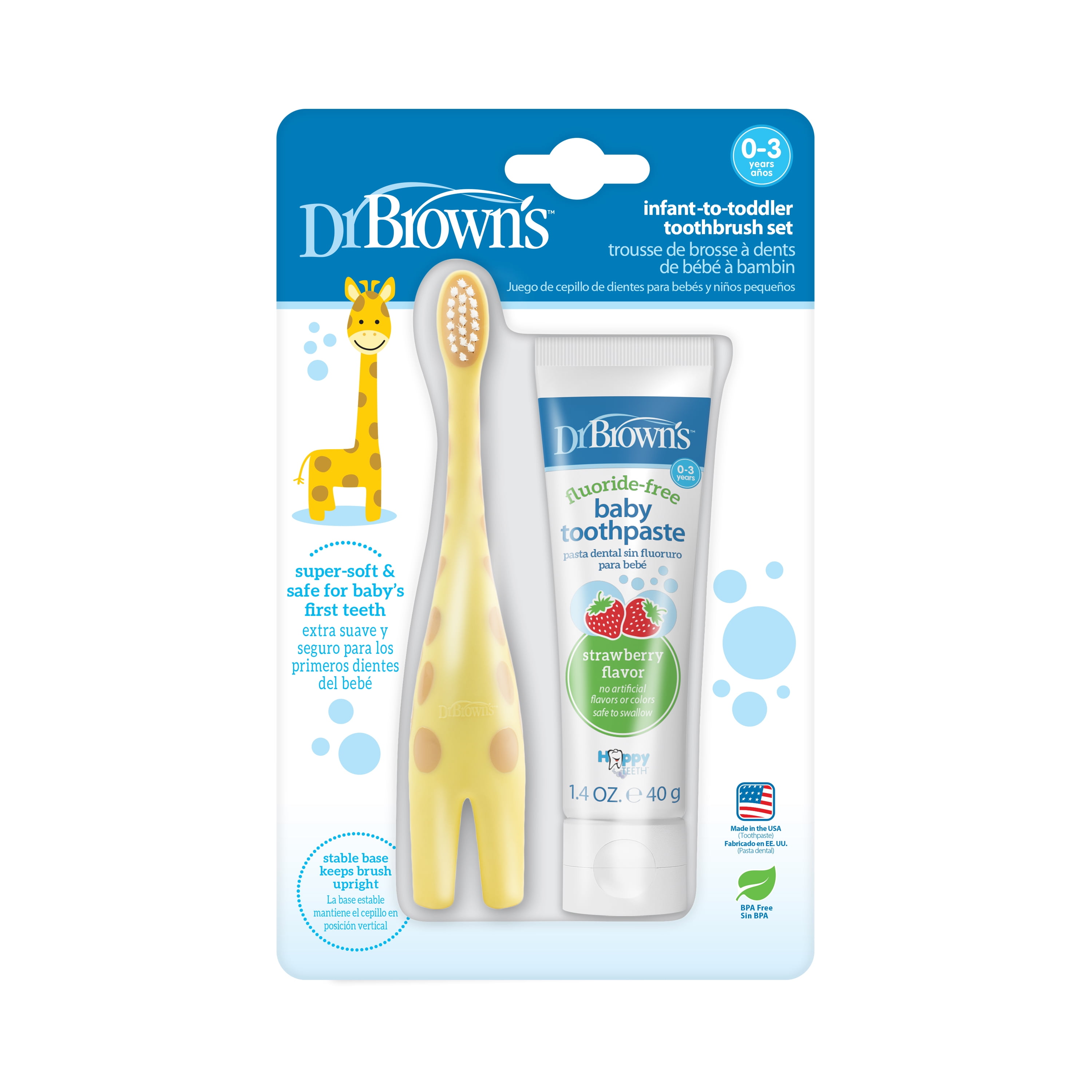 Dr. Brown's Infant to Toddler Training Toothbrush, Giraffe + Strawberry Baby Toothpaste, 0-3 Years