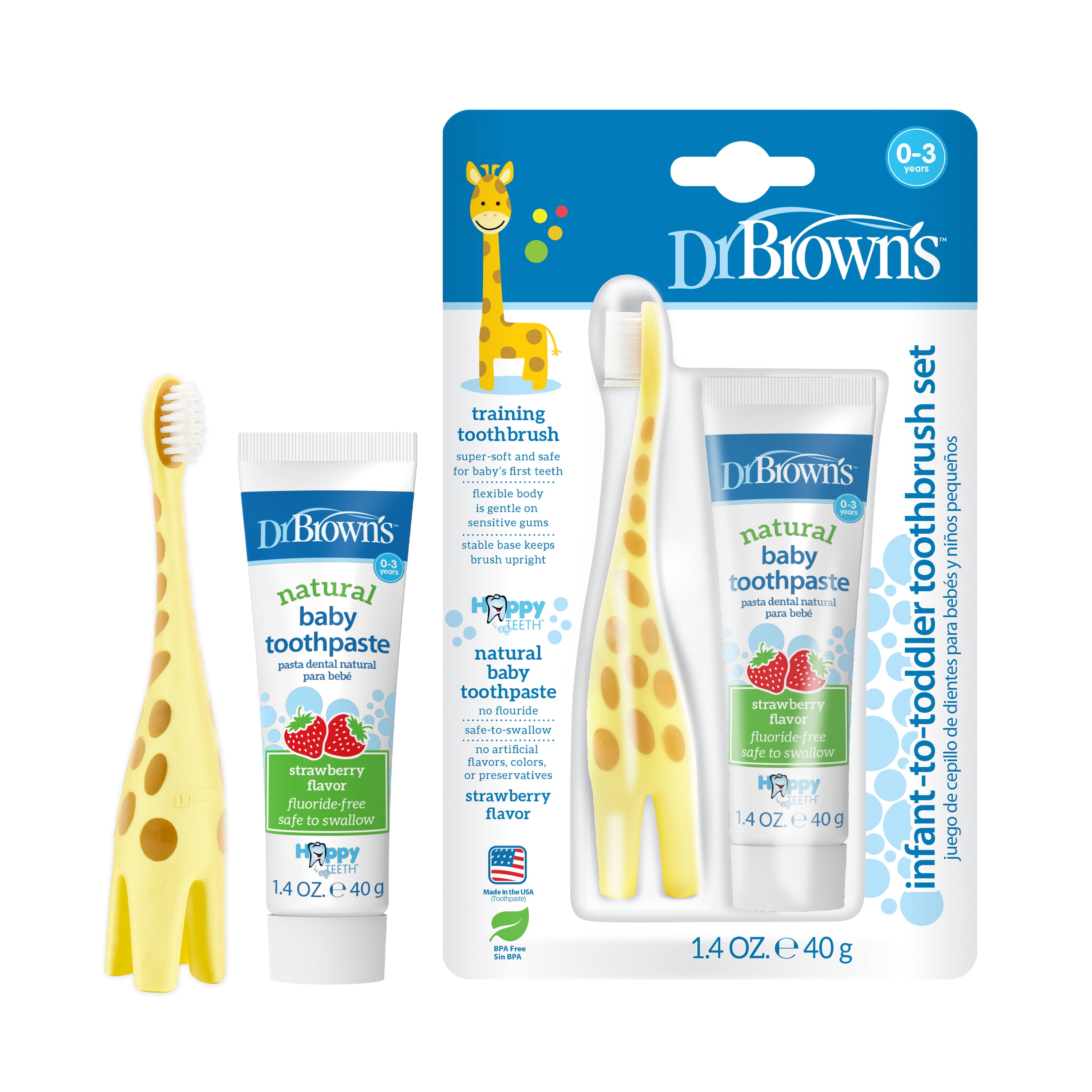 Dr. Brown's Infant to Toddler Training Toothbrush, Giraffe + Strawberry Baby Toothpaste, 0-3 Years