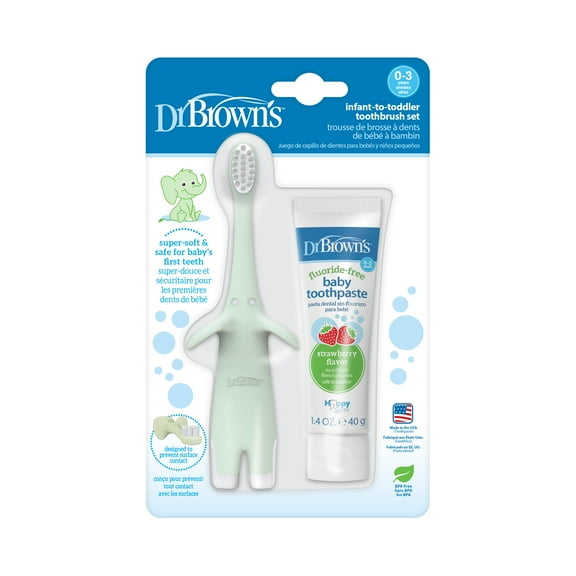 Dr. Brown's Infant to Toddler Training Toothbrush, Mint Elephant + Strawberry Baby Toothpaste, 0-3Y
