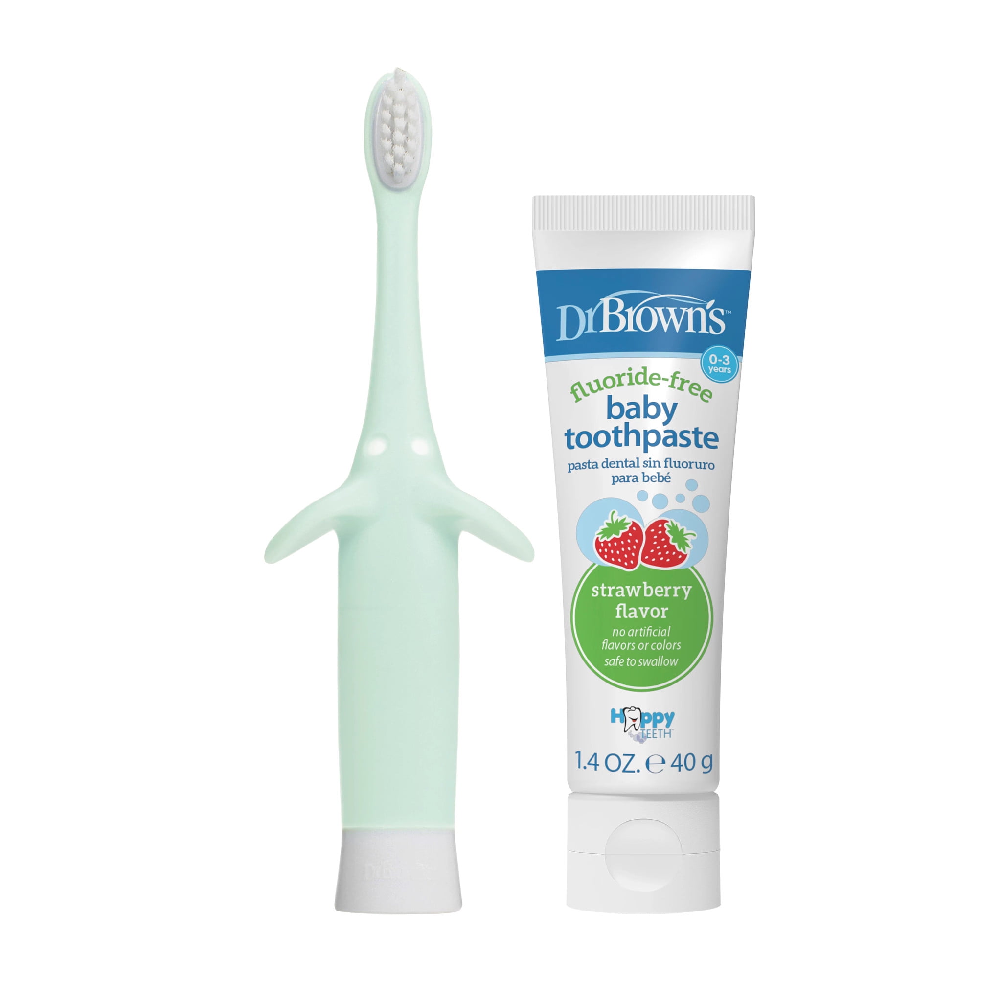 Dr. Brown's Infant to Toddler Training Toothbrush, Mint Elephant + Strawberry Baby Toothpaste, 0-3Y