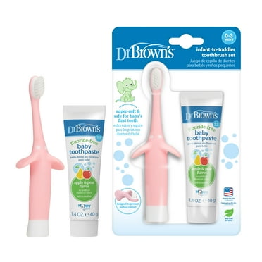 Dr. Brown's Infant to Toddler Training Toothbrush, Pink Elephant + Apple Pear Baby Toothpaste, 0-3Y
