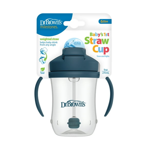 Dr. Brown's Milestones Baby's First Straw Cup, Training Cup with Weighted Straw, 9oz/270ml, Dark Blue, 6m+