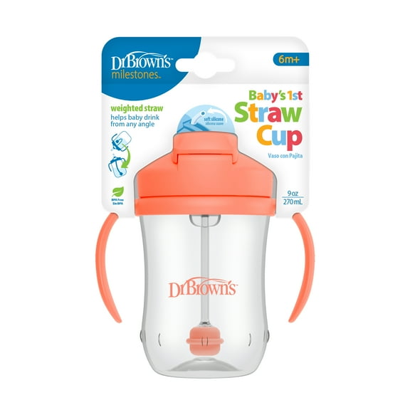 Dr. Brown's Milestones Baby’s First Straw Cup, Training Cup with Weighted Straw, Coral, 6m+
