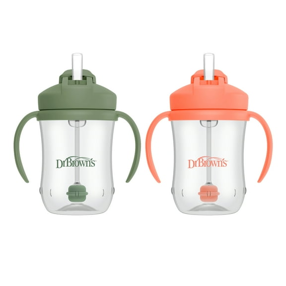 Dr. Brown's Milestones Baby's First Straw Cup with Weighted Straw, 9oz, Coral/Olive, 6m+, 2 Pack