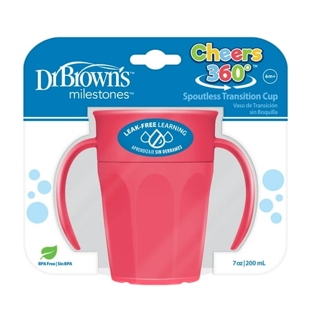 Dr. Brown's Milestones Cheers 360 Cup Spoutless Transition Cup with Handles for Easy Grip & Leak-Free Learning, Pink, 7 oz/200 mL, 6m+ (Colors May Vary)