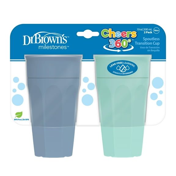 Dr. Brown's Milestones Cheers 360 Training Cup for Toddler/Baby, Leak-Free, Blue/Aqua, 10 oz, 9m+, 2-Pack