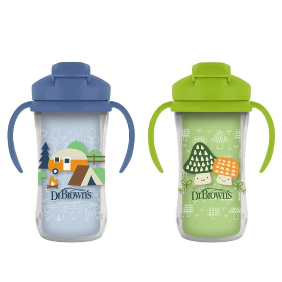 Dr. Brown's Milestones Insulated Sippy Cup with Straw &Handles, Green/Blue, 10oz/300ml, 12m+, 2 Pack