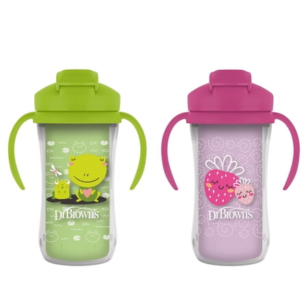 Dr. Brown's Milestones Insulated Sippy Cup with Straw & Handles, Green/Purple, 10oz, 12m+, 2 Pack