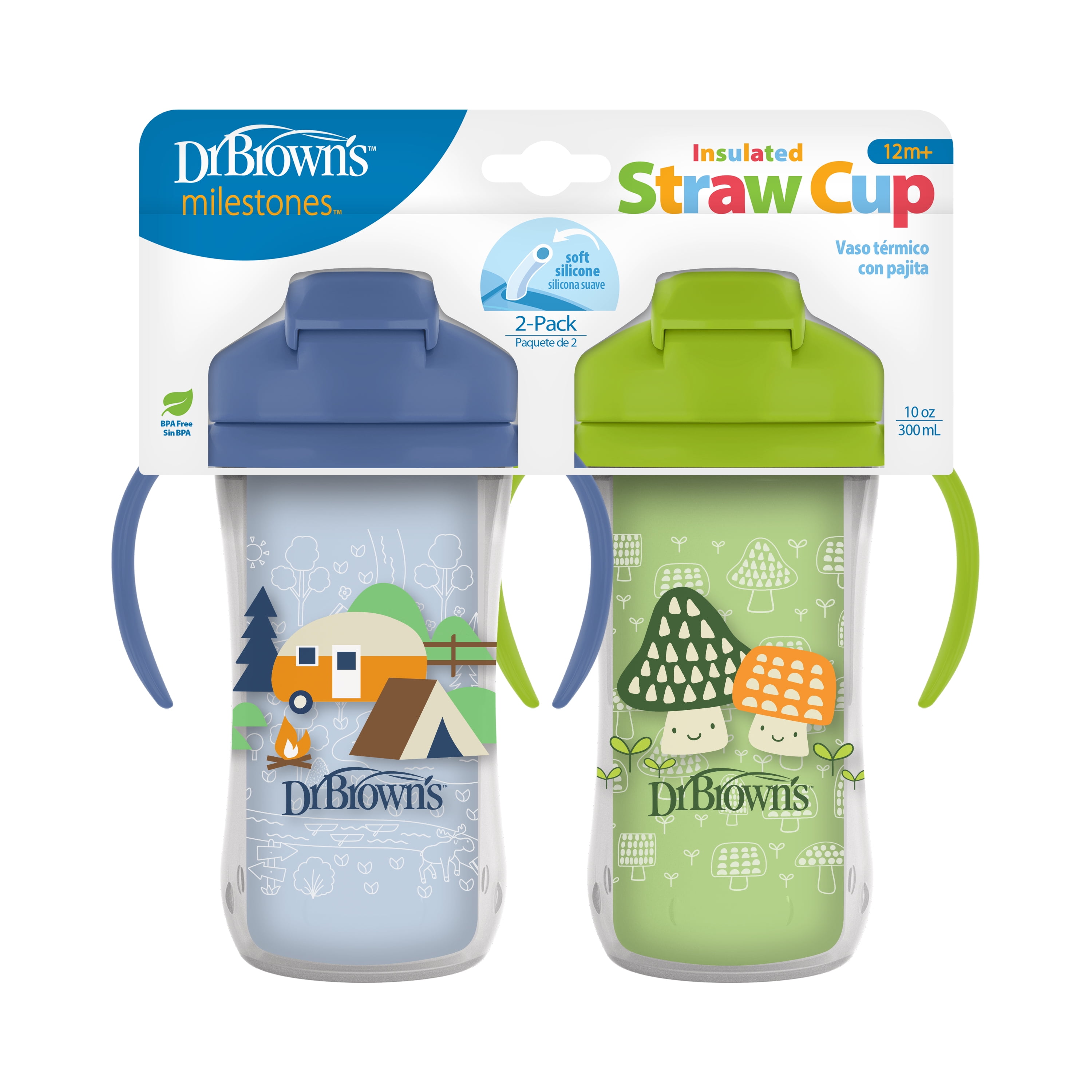 Dr. Brown's Milestones Insulated Sippy Cup with Straw &Handles, Green/Blue, 10oz/300ml, 12m+, 2 Pack