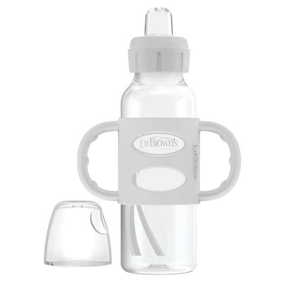 Dr. Brown's Milestones Narrow Sippy Spout Bottle, 100% Silicone Handles, 8oz/250ml, 6m+, BPA Free, Gray