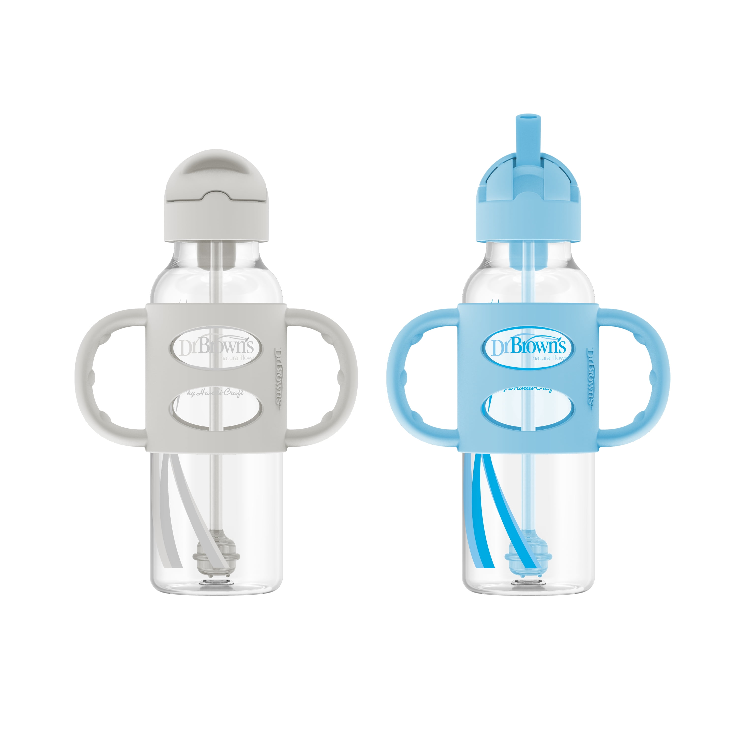 Dr. Brown's Milestones Narrow Sippy Straw Bottle, 100% Silicone Handles, 8oz/250ml, Blue/Gray 2 Pack