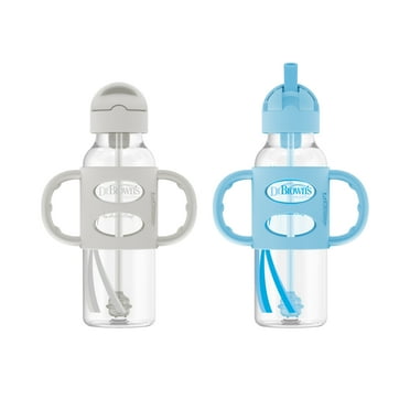 Dr. Brown's Milestones Narrow Sippy Straw Bottle, 100% Silicone Handles, 8oz/250ml, Blue/Gray 2 Pack