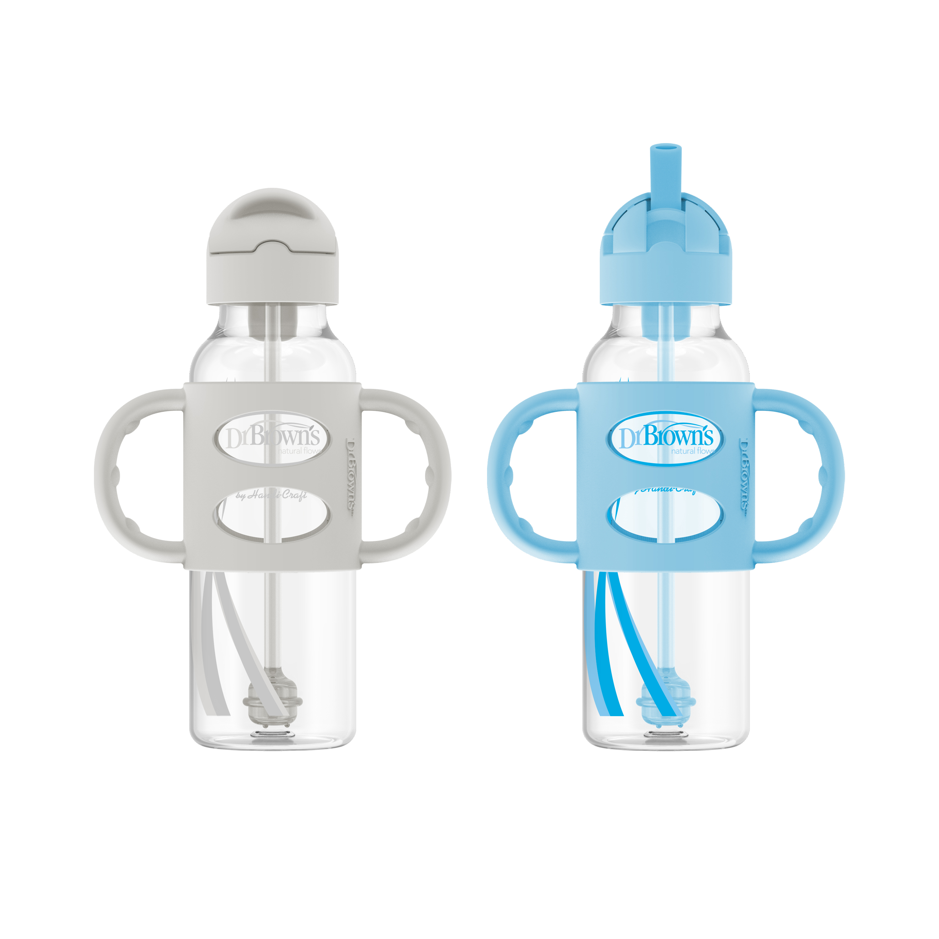 Dr. Brown's Milestones Narrow Sippy Straw Bottle, 100% Silicone Handles, 8oz/250ml, Blue/Gray 2 Pack - image 1 of 8