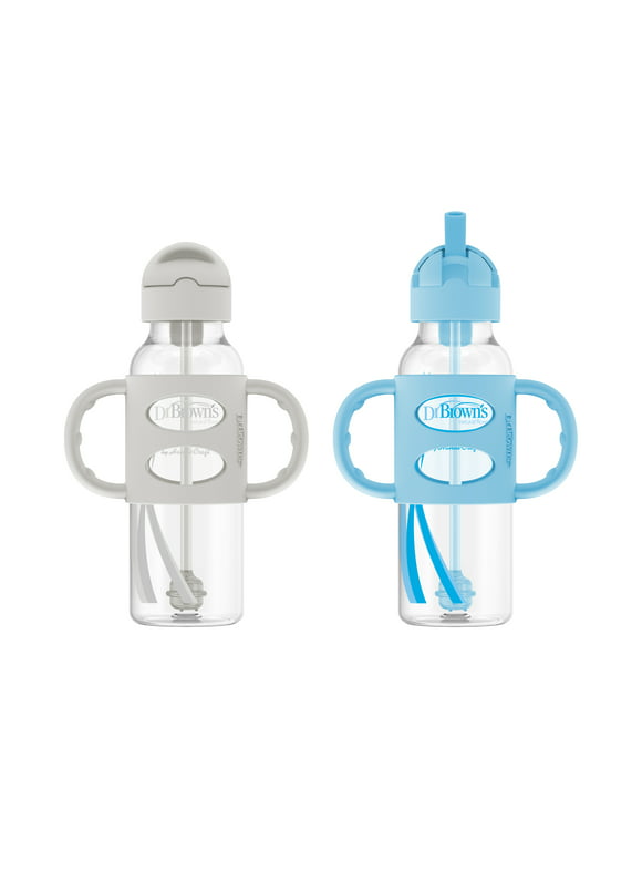 Dr. Brown's Milestones Narrow Sippy Straw Bottle, 100% Silicone Handles, 8oz/250ml, Blue/Gray 2 Pack