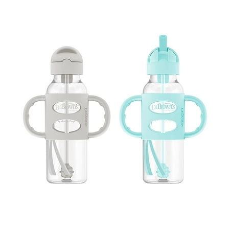 Dr. Brown's Milestones Narrow Sippy Straw Bottle, 100% Silicone Handles, 8oz/250ml, Green/Gray, 2 Pack