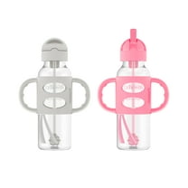 Dr. Brown's Milestones Narrow Sippy Straw Bottle, 100% Silicone Handles, 8oz, Pink/Gray, 2 Pack
