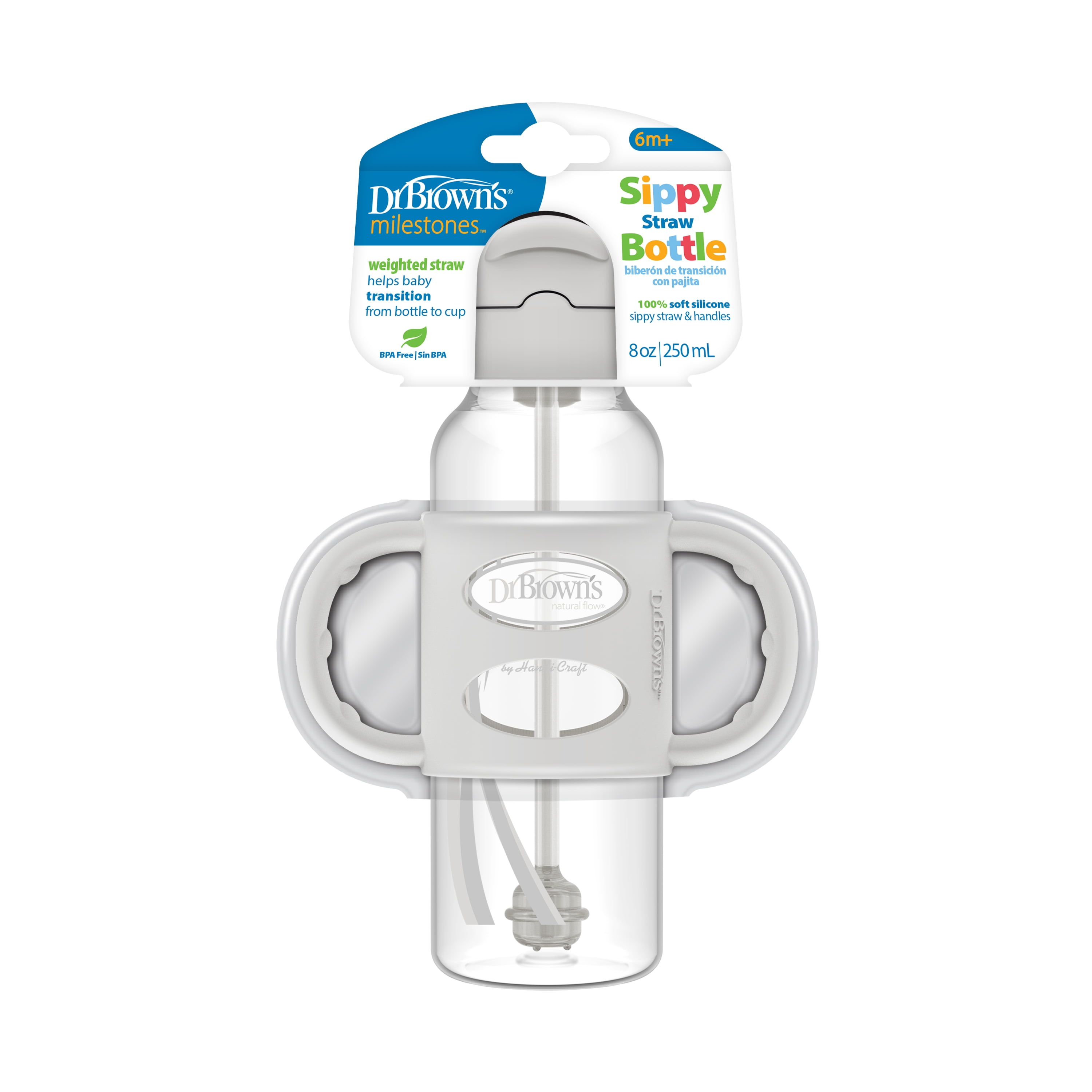 Dr. Brown's Milestones Narrow Sippy Straw Bottle, 100% Silicone Handles, 9oz/270ml, 6m+, Gray, 1 Pack