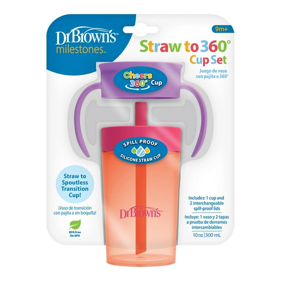 Dr. Brown's Milestones Straw-to-360 Convertible Toddler Cup Set, Pink/Coral, 10 oz, 9m+, 1 Pack