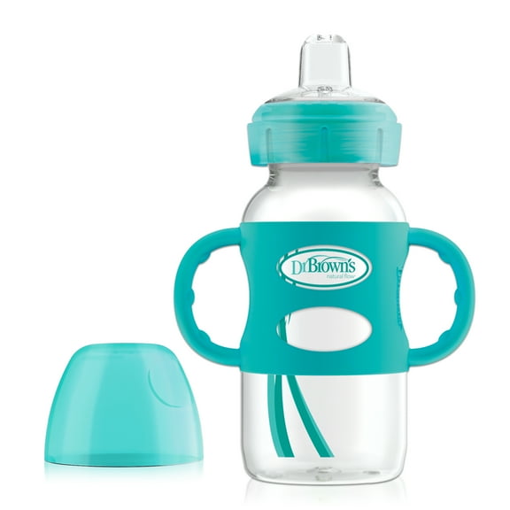 Dr. Brown's Milestones Wide-Neck Sippy Bottle with 100% Silicone Handles, Easy-Grip Bottle with Soft Sippy Spout, 9oz/270mL, BPA Free, Turquoise, 6m+ 1 Pack, Turquoise