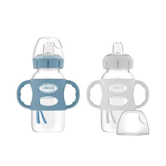Dr. Brown's Milestones Wide-Neck Sippy Spout Bottle with Handles, 9oz/270ml, 6m+, Light Blue/Gray, 2 Pack