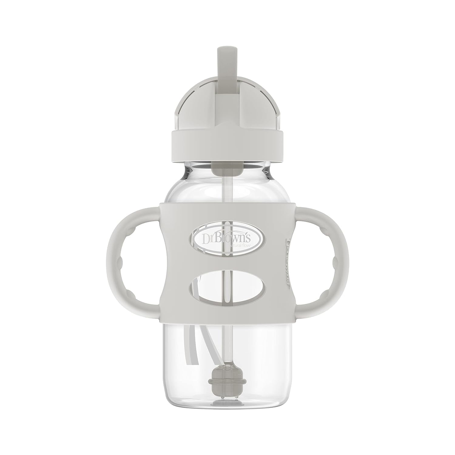 Dr. Brown's Milestones Wide-Neck Sippy Straw Bottle, 100% Silicone Handles, 9oz/270ml, 6m+, Gray