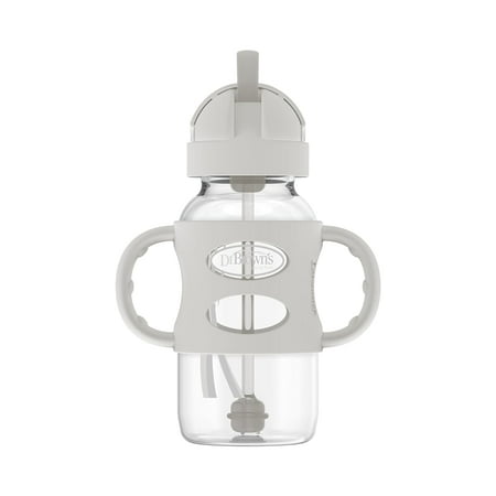 Dr. Brown's Milestones Wide-Neck Sippy Straw Bottle, 100% Silicone Handles, 9oz/270ml, 6m+, Gray