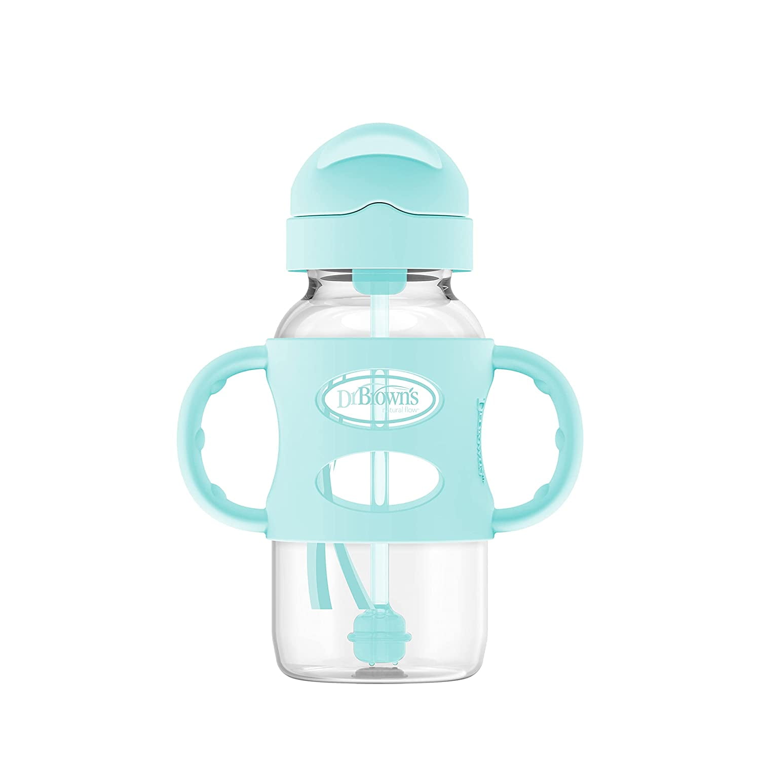 Dr. Brown's Milestones Wide-Neck Sippy Straw Bottle, 100% Silicone Handles, 9oz/270ml, 6m+, Green