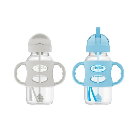Dr. Brown's Milestones Wide-Neck Sippy Straw Bottle with Handles, 9oz/270ml, Gray & Blue, 2 Pack