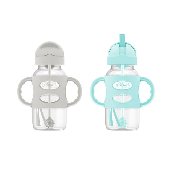 Dr. Brown's Milestones Wide-Neck Sippy Straw Bottle with Handles, 9oz/270ml, Gray/Green, 6m+, 2 Pack