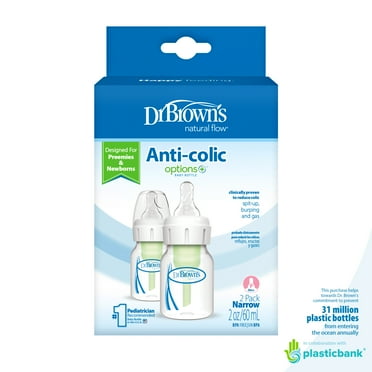 Dr. Brown's Natural Flow Anti-Colic Options+ Narrow Baby Bottle, 2oz/60ml, Preemie Flow, 0m+, 2 Pack