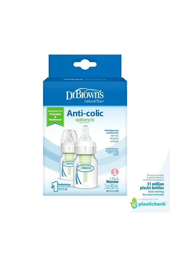 Natural Flow Anti-Colic Options+ Narrow Baby Bottle, 2oz/60ml, Preemie Flow, 0m+, 2 Pack