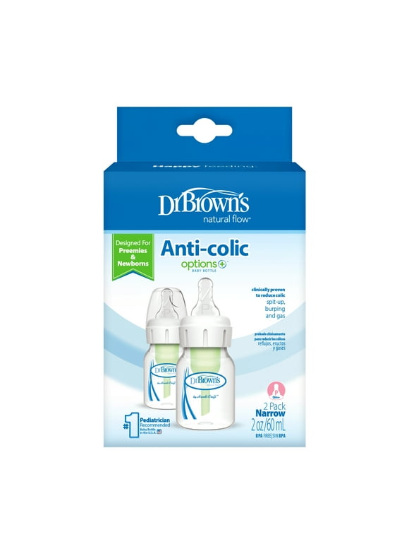 Dr. Brown's Natural Flow Anti-Colic Options+ Narrow Baby Bottle, 2oz/60ml, Preemie Flow, 0m+, 2 Pack