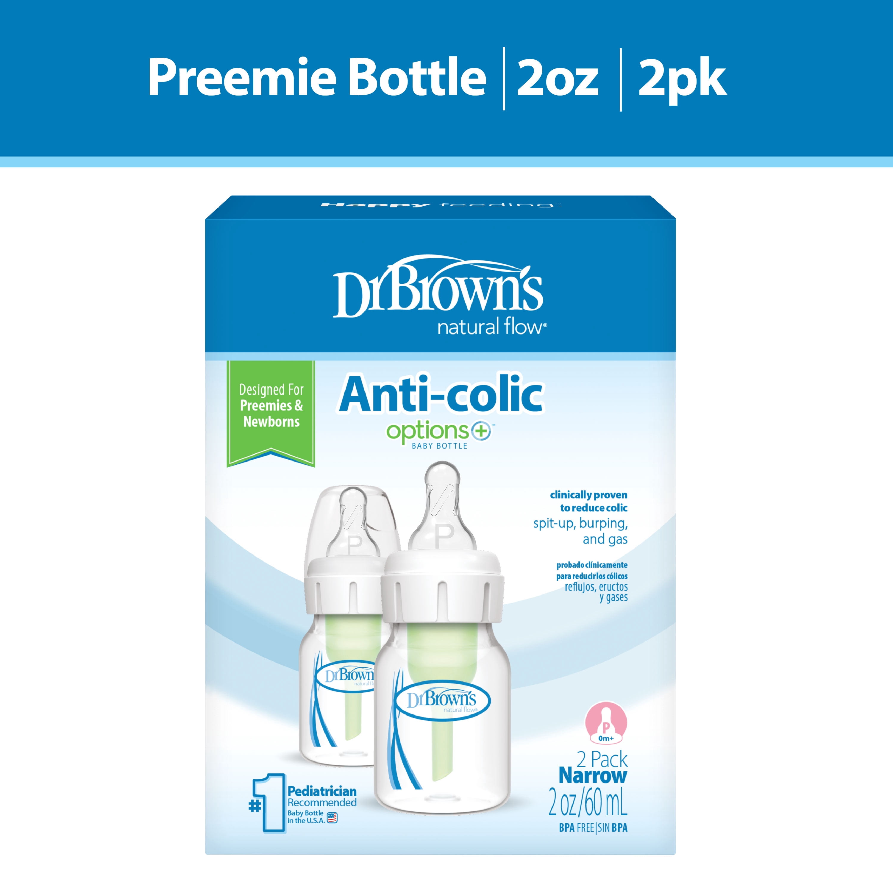 Dr. Brown's Natural Flow Anti-Colic Options+ Narrow Baby Bottle, 2oz/60ml, Preemie Flow, 0m+, 2 Pack