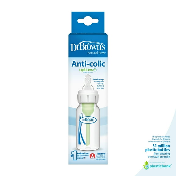 Dr. Brown's Natural Flow Anti-Colic Options+ Narrow Baby Bottle, 4oz, Slow Flow, 0m+, 1 Pack