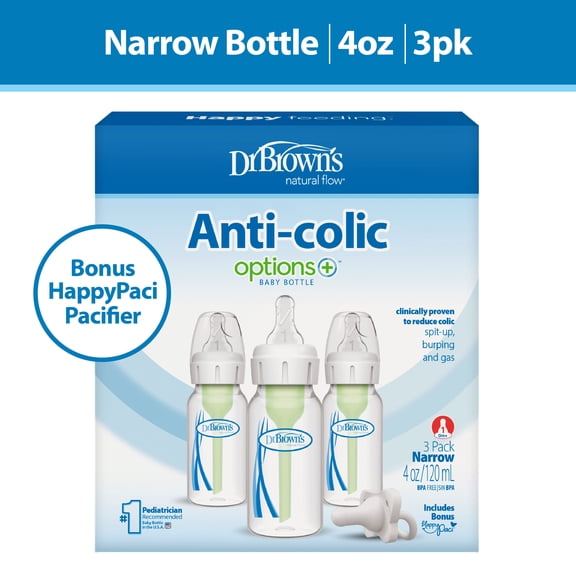 Dr. Brown’s Natural Flow Anti-Colic Options+ Narrow Baby Bottle, 4oz, Slow Flow, 0m+, 3 Pack