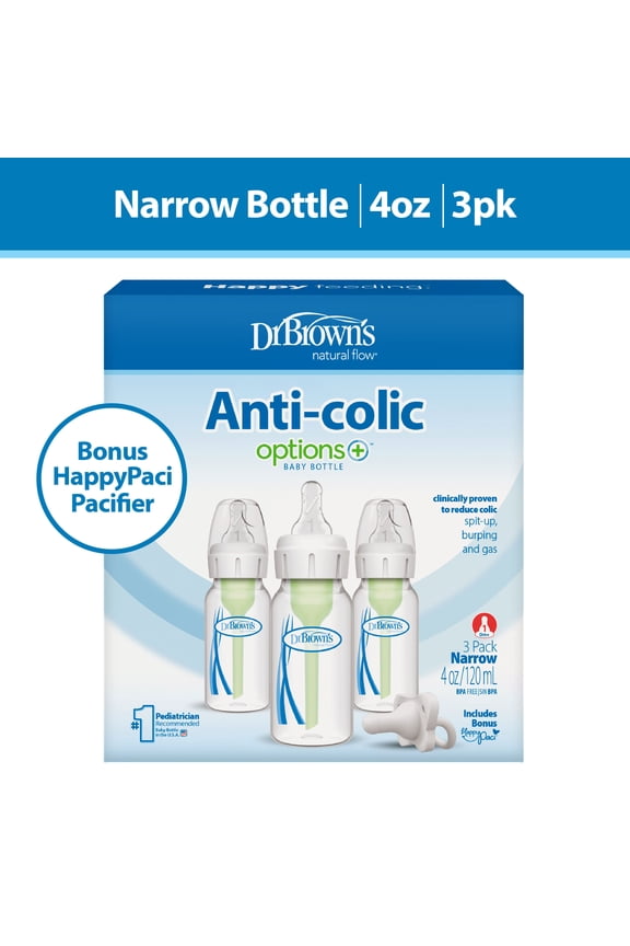 Dr. Brown’s Natural Flow Anti-Colic Options+ Narrow Baby Bottle, 4oz, Slow Flow, 0m+, 3 Pack